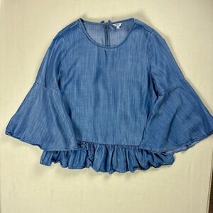 Crown & Ivy Women's Blue Chambray Top – Bell Sleeves & Peplum Hem – Size Small
